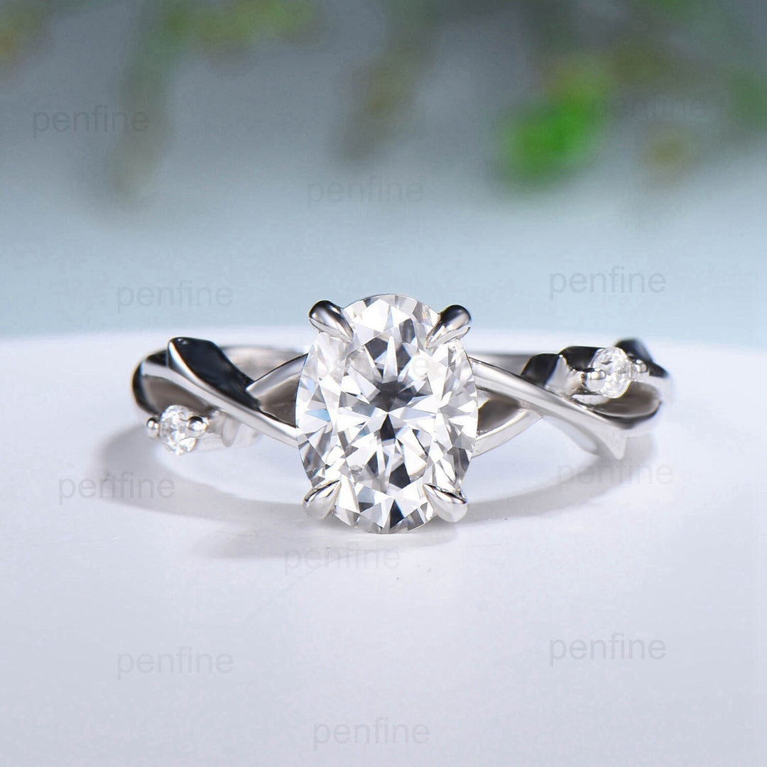 1.5CT Oval Brilliant Moissanite Engagement Ring Set Nature Inspired Branch Twig Moissanite Wedding Set Vintage white gold bridal ring set - PENFINE