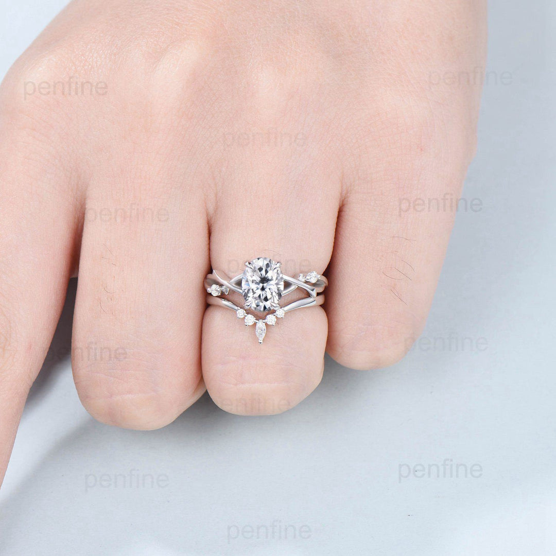 1.5CT Oval Brilliant Moissanite Engagement Ring Set Nature Inspired Branch Twig Moissanite Wedding Set Vintage white gold bridal ring set - PENFINE