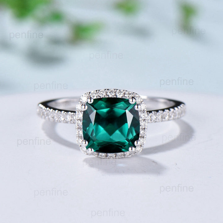 Vintage cushion emerald wedding ring set 14k/18k white gold retro halo diamond emerald engagement ring set Double enhancer stacking band - PENFINE