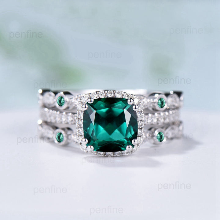 Vintage cushion emerald wedding ring set 14k/18k white gold retro halo diamond emerald engagement ring set Double enhancer stacking band - PENFINE