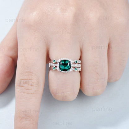 Vintage cushion emerald wedding ring set 14k/18k white gold retro halo diamond emerald engagement ring set Double enhancer stacking band - PENFINE