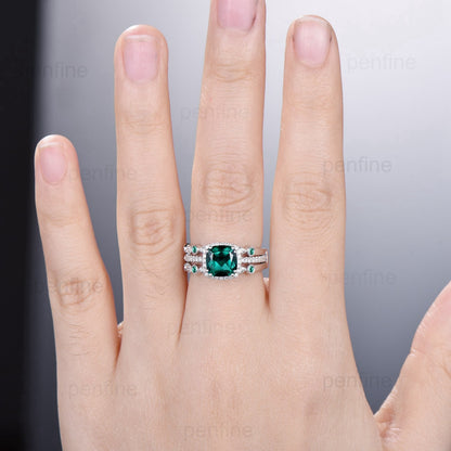 Vintage cushion emerald wedding ring set 14k/18k white gold retro halo diamond emerald engagement ring set Double enhancer stacking band - PENFINE