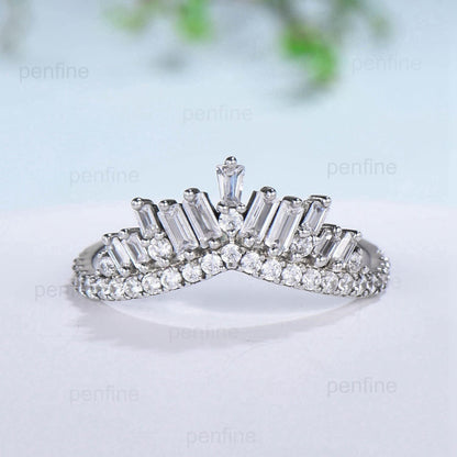 Crown fancy baguette cut moissanite wedding band white gold platinum curved stacking moissanite promise ring anniversary band women gift - PENFINE