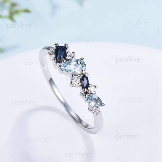 Vintage Baguette Sapphire Wedding Band Pear aquamarine wedding ring for women Unique cluster moissanite Stacking matching Anniversary band - PENFINE