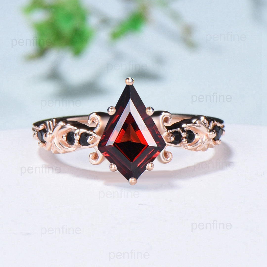 Retro kite cut garnet ring vintage garnet black spinel engagementring rose gold unique celtic wedding Ring For Women Anniversary Gift - PENFINE