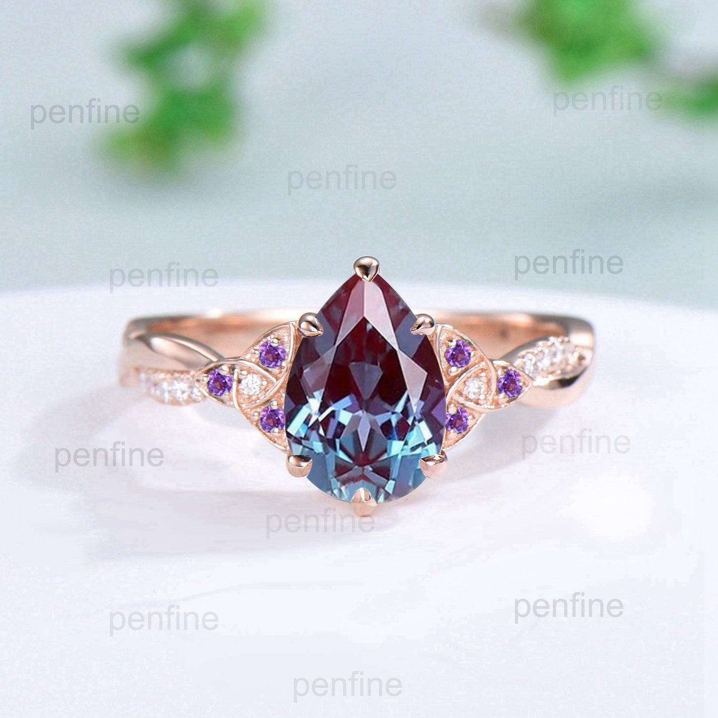 Vintage alexandrite ring 6x9mm Pear Shaped alexandrite engagement ring Norse Viking infinity amethyst wedding ring Twig anniversary gift - PENFINE