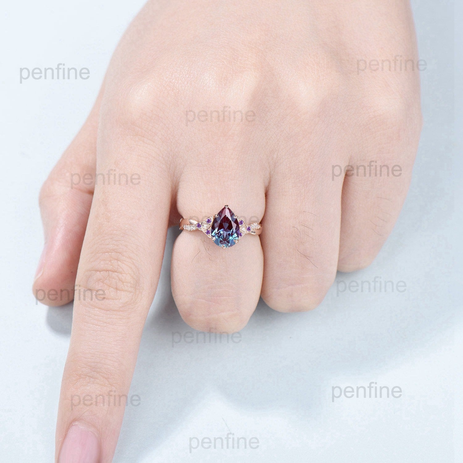 Vintage alexandrite ring 6x9mm Pear Shaped alexandrite engagement ring Norse Viking infinity amethyst wedding ring Twig anniversary gift - PENFINE