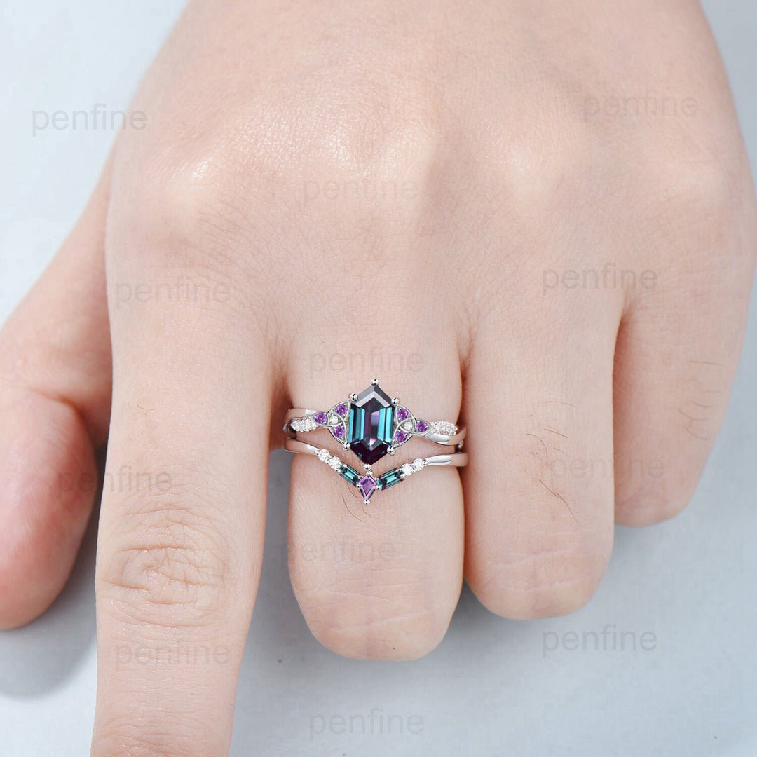 Norse Viking long hexagon alexandrite engagement ring set twisted infinity moissanite amethyst band baguette kite wedding ring set for women - PENFINE