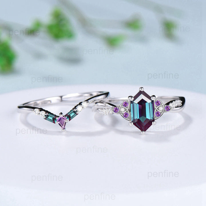 Norse Viking long hexagon alexandrite engagement ring set twisted infinity moissanite amethyst band baguette kite wedding ring set for women - PENFINE