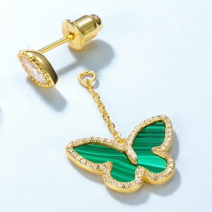 Vintage butterfly malachite earrings Unique yellow gold drop stud earrings dainty green agate anniversary gift for women - PENFINE