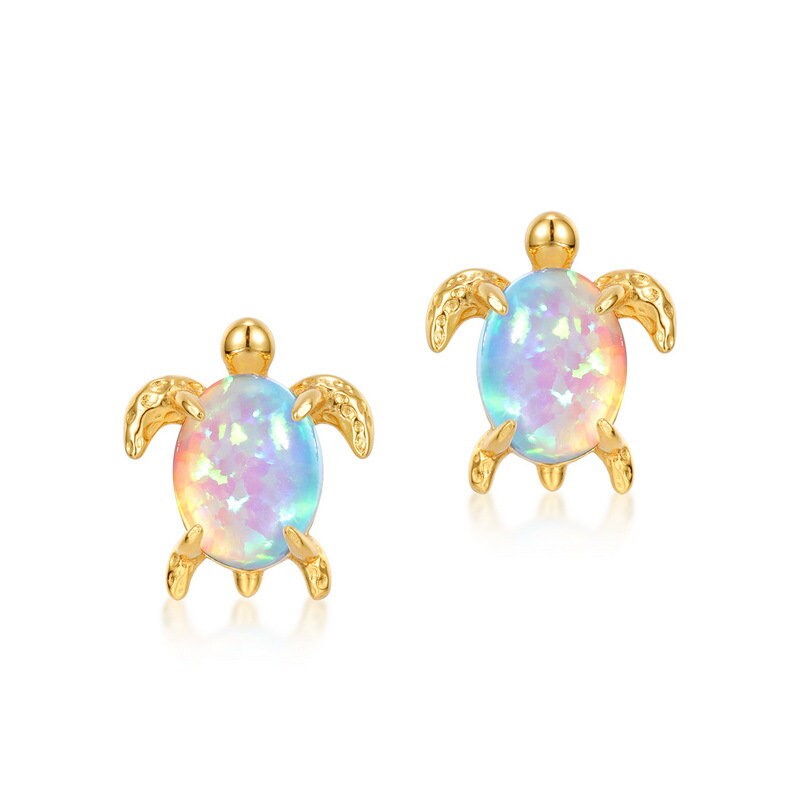 Dainty Fire Opal Earrings Yellow Gold Ocean Series Little Turtle Synthetic Opal Earrings October birthstone Handmade Proposal Gift - PENFINE