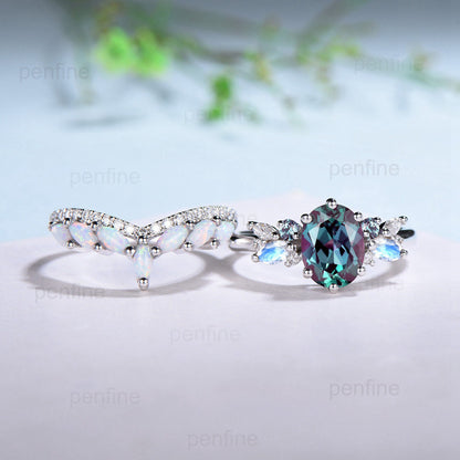 Unique Alexandrite Engagement Ring Set Cluster Marquise Moonstone Wedding Ring Vintage Curved Moissanite White Opal Bridal Ring Set For Her - PENFINE