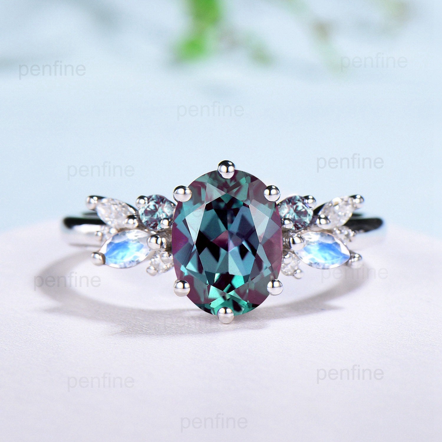 Unique Alexandrite Engagement Ring Set Cluster Marquise Moonstone Wedding Ring Vintage Curved Moissanite White Opal Bridal Ring Set For Her - PENFINE