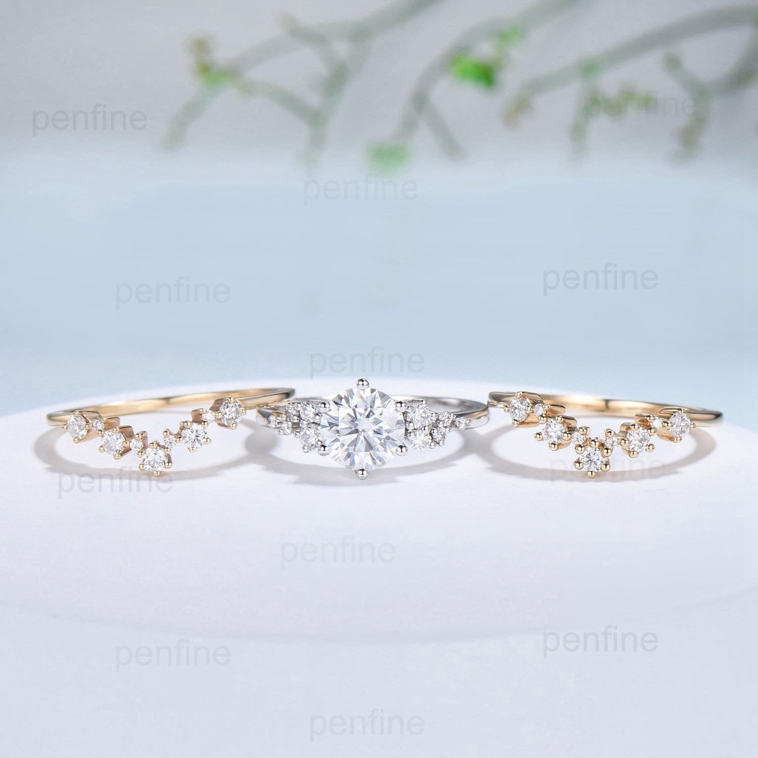 7mm Round brilliant moissanite engagement ring set snowdrift lab grown diamonds wedding ring set 3pcs unique moissanite bridal ring set - PENFINE