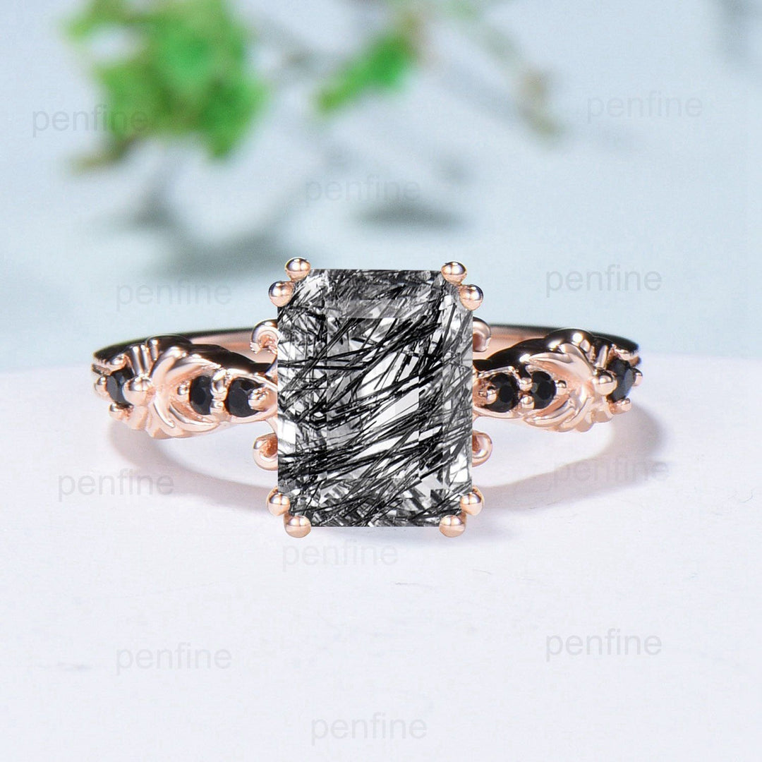 Retro emerald cut black rutilated quartz ring Vintage celtic black onyx Engagement Ring unique 8 prongs wedding band women anniversary gift - PENFINE