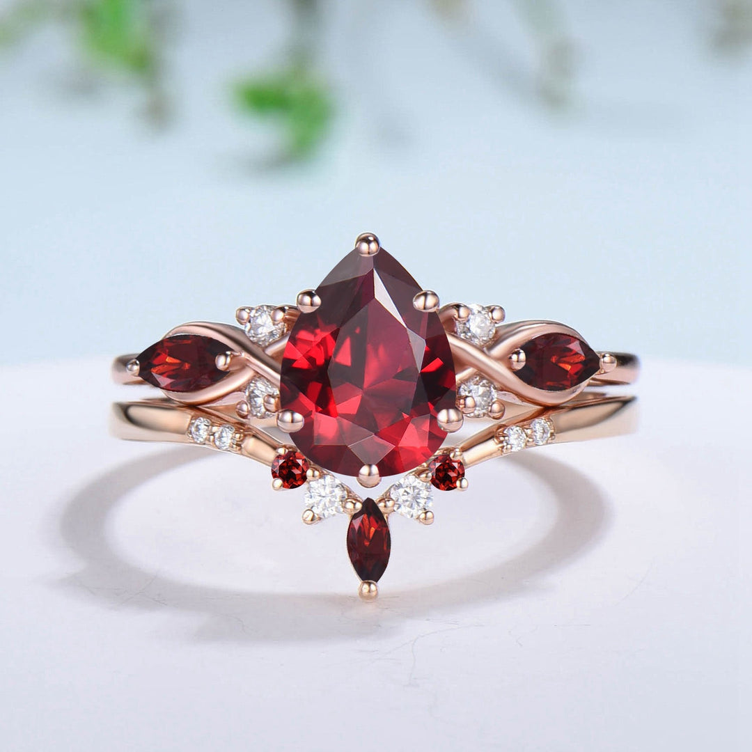 Vintage pear shaped garnet engagement ring set 14k rose gold marquise cut garnet ring for women unique January birthstone bridal ring set - PENFINE