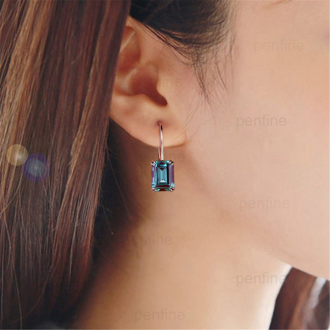 Vintage Alexandrite earrings emerald cut Stud Earrings June birthstone Earrings Women Solid 14k 18k rose  gold color change crystal earrings - PENFINE