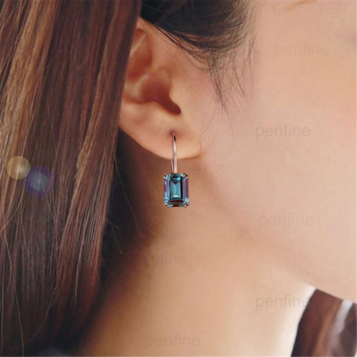 Vintage Alexandrite earrings emerald cut Stud Earrings June birthstone Earrings Women Solid 14k 18k rose  gold color change crystal earrings - PENFINE