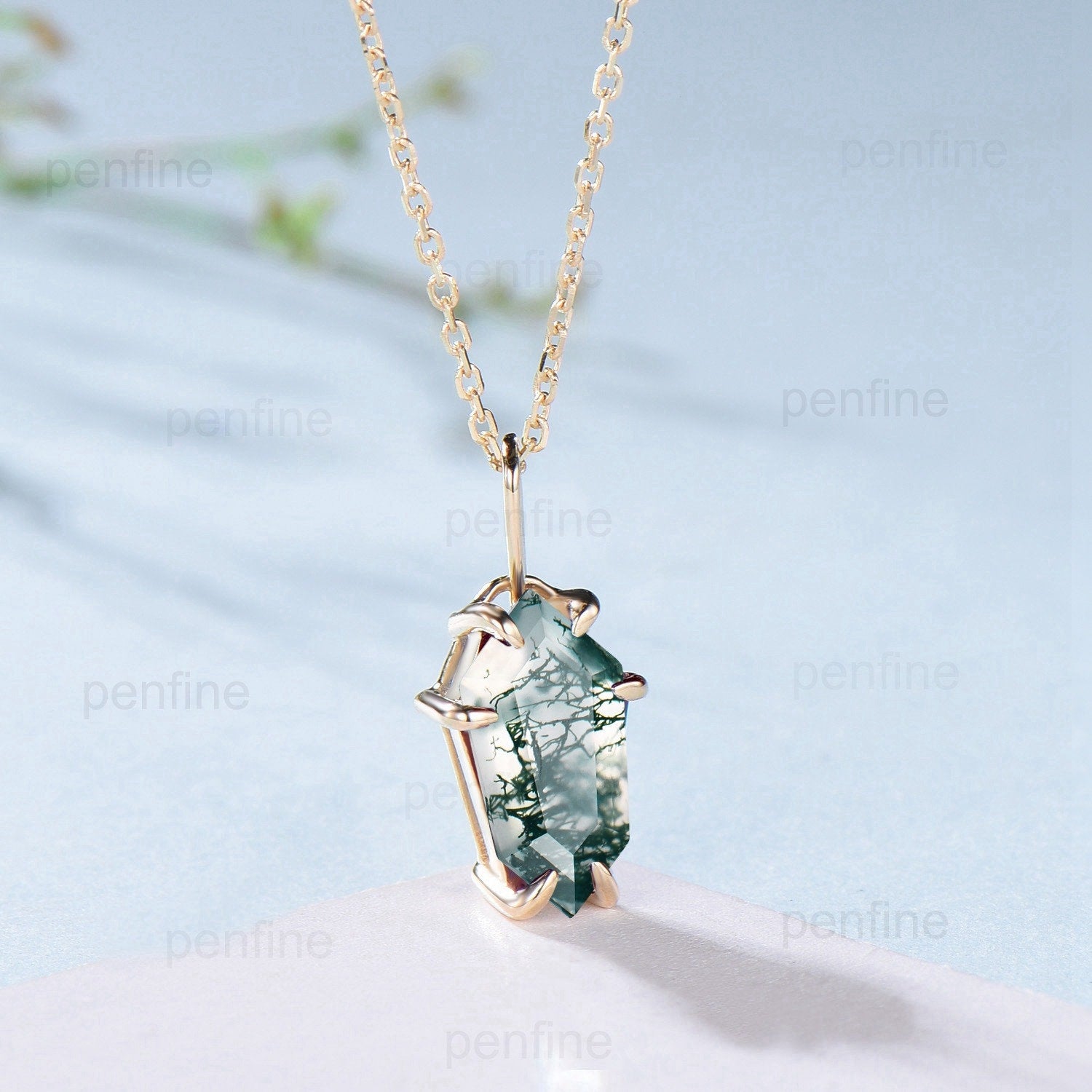 Dainty Shield cut moss agate necklace solid 14k 18k rose gold vintage  Personalized minimalist green agate pendant anniversary gift for women