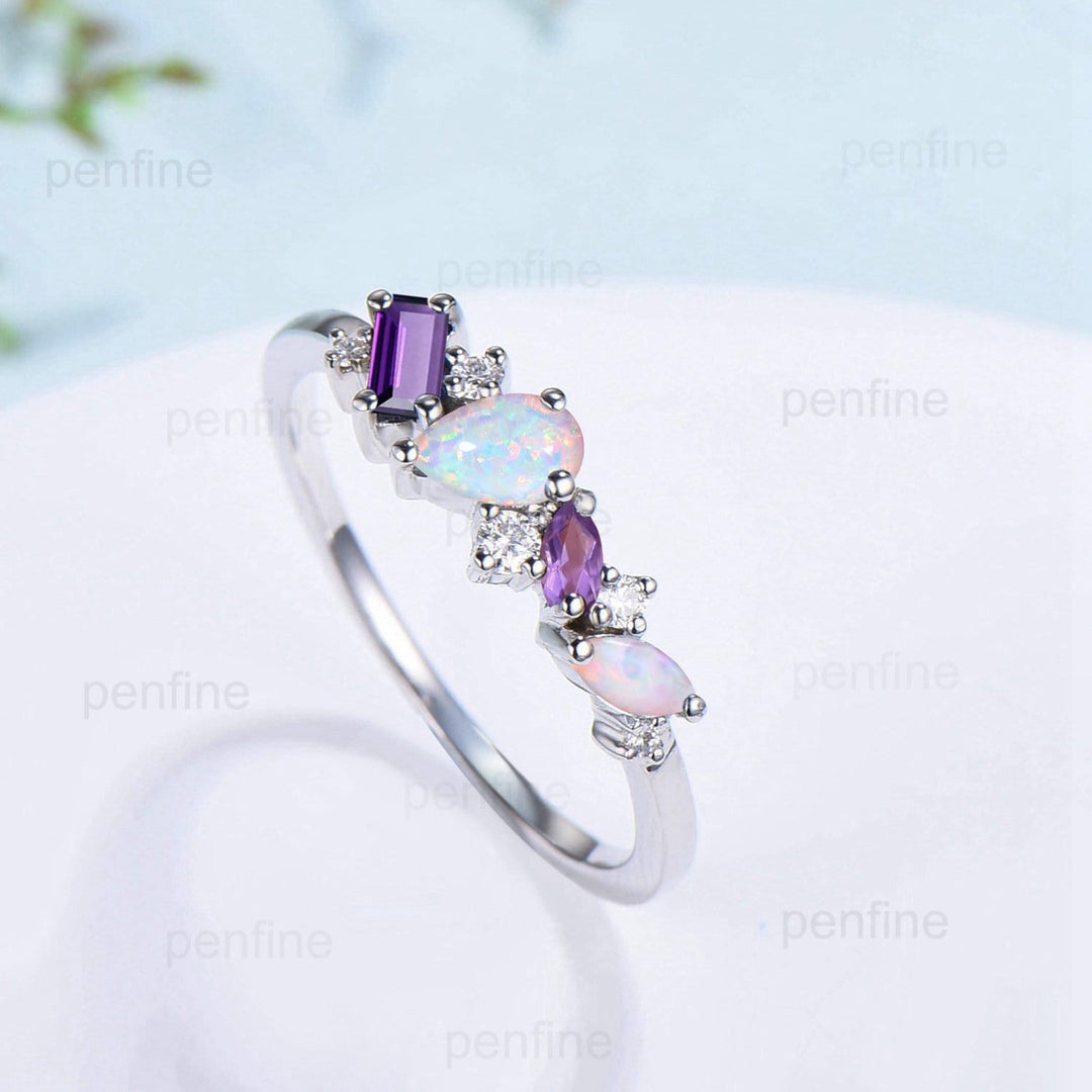 Vintage Baguette Amethyst Wedding Band Pear fire Opal wedding ring for women Unique cluster moissanite Stacking matching Anniversary band - PENFINE