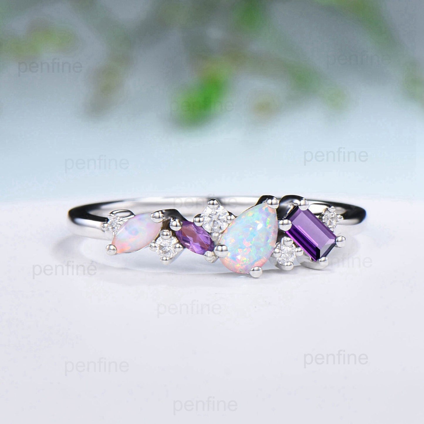 Vintage Baguette Amethyst Wedding Band Pear fire Opal wedding ring for women Unique cluster moissanite Stacking matching Anniversary band - PENFINE