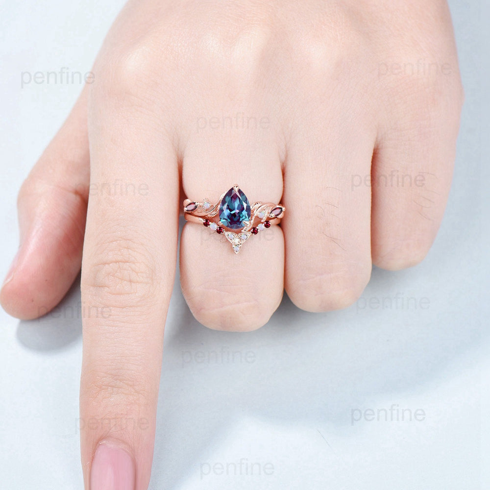 Vintage Pear Shaped Alexandrite Engagement Ring Set Nature Inspired Opal Ruby Wedding Ring Set Unique Celtic Norse Viking Bridal Ring Set - PENFINE