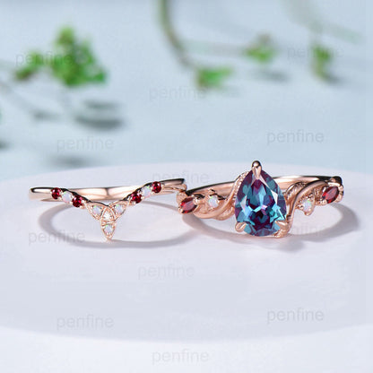 Vintage Pear Shaped Alexandrite Engagement Ring Set Nature Inspired Opal Ruby Wedding Ring Set Unique Celtic Norse Viking Bridal Ring Set - PENFINE