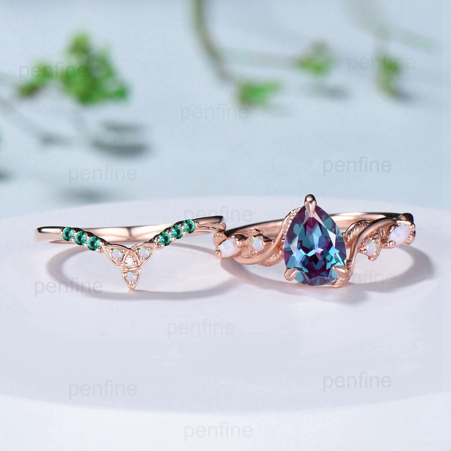 Unique Alexandrite Engagement Ring Set Infinity Opal Emerald Celtic Norse Viking Bridal Ring Set Art Deco Color Change Anniversary Ring - PENFINE