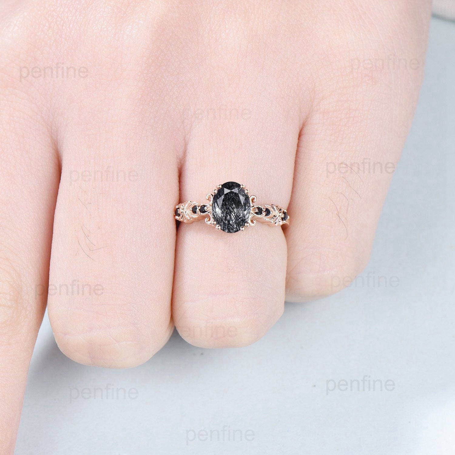 Unique oval cut black rutilated quartz ring Vintage celtic rutilated quartz Engagement Ring 8 prongs wedding ring handmade anniversary gift - PENFINE