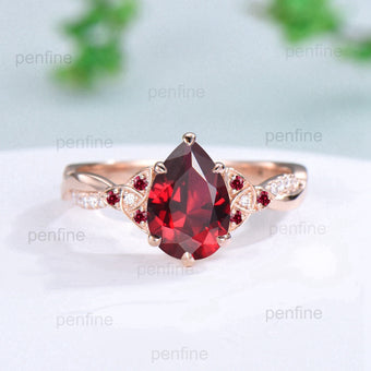 Vintage ruby ring 6x9mm Pear cut lab red ruby engagement ring Norse Viking infinity moissanite wedding ring Twig handmade anniversary gift - PENFINE