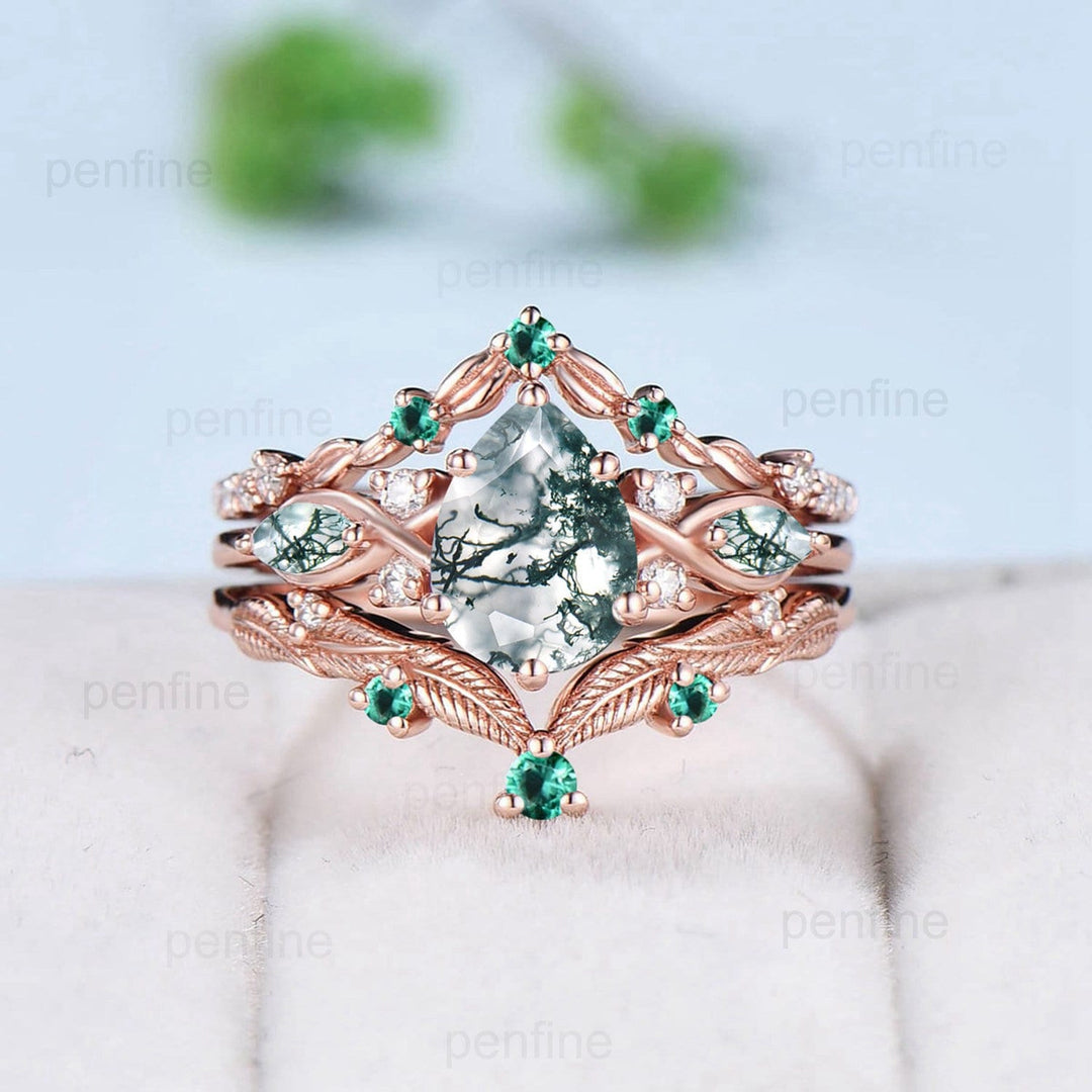 3pcs Moss Agate Ring Set Pear Shaped Natural Green Agate Engagement Ring Set Unique Rose Gold Leaf Vine Marquise Agate Wedding Ring Set - PENFINE