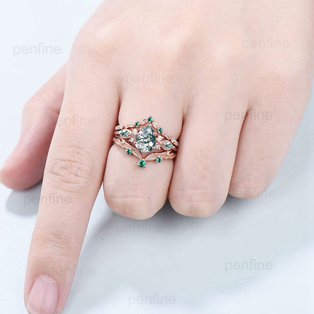 3pcs Moss Agate Ring Set Pear Shaped Natural Green Agate Engagement Ring Set Unique Rose Gold Leaf Vine Marquise Agate Wedding Ring Set - PENFINE