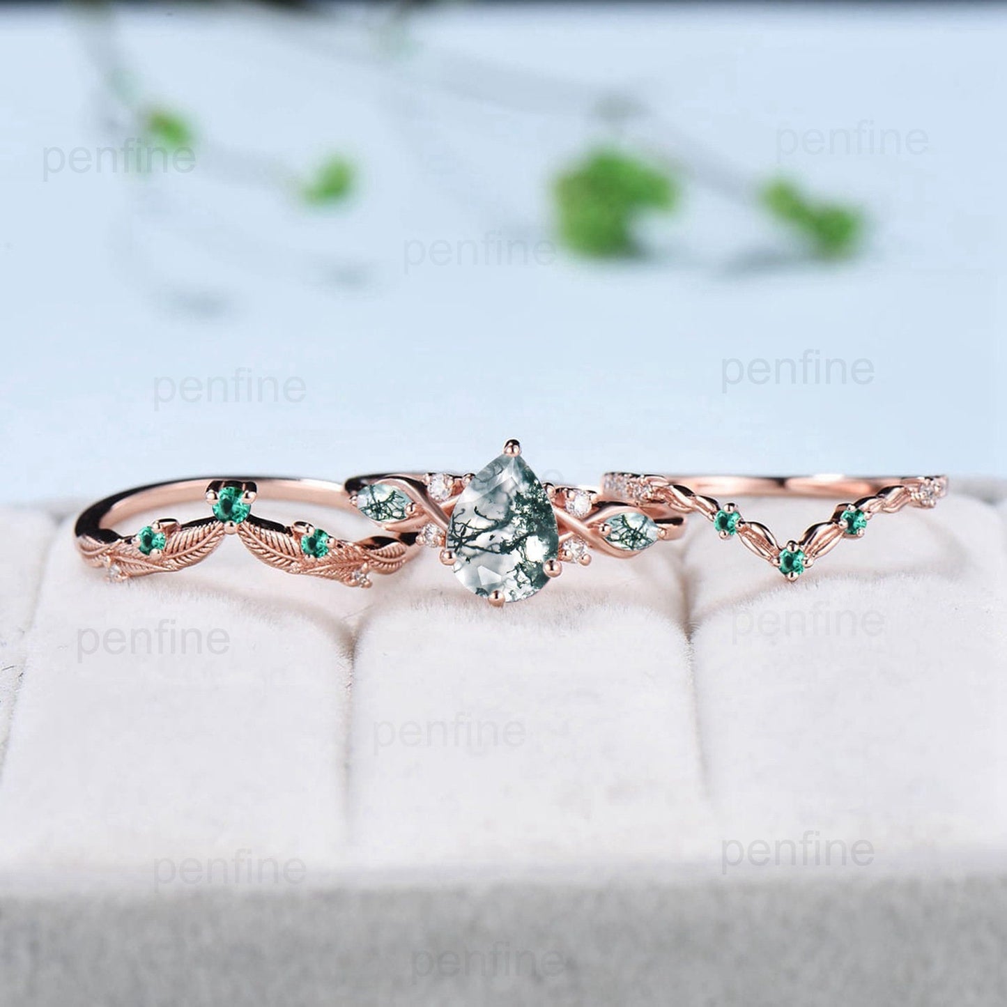 3pcs Moss Agate Ring Set Pear Shaped Natural Green Agate Engagement Ring Set Unique Rose Gold Leaf Vine Marquise Agate Wedding Ring Set - PENFINE