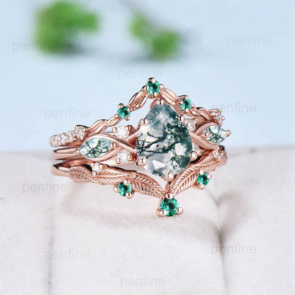 3pcs Moss Agate Ring Set Pear Shaped Natural Green Agate Engagement Ring Set Unique Rose Gold Leaf Vine Marquise Agate Wedding Ring Set - PENFINE