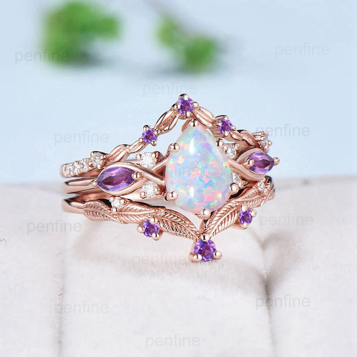 Vintage Pear Opal Engagement Ring Set Seven Stone Fire Opal Amethyst Wedding Set Art Deco Leaf Vine  Emerald Stacking Handmade Bridal Set - PENFINE