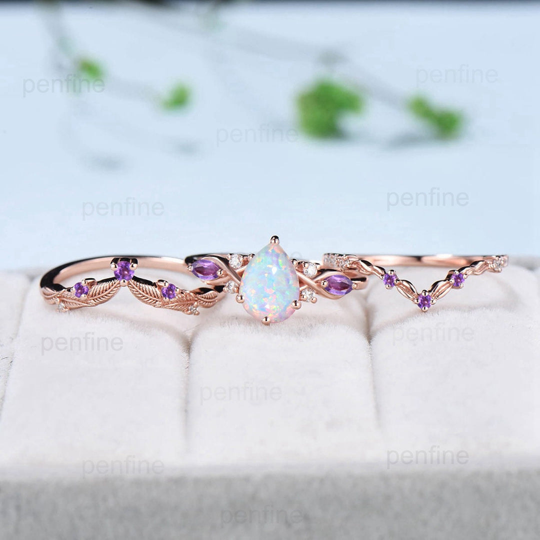 Vintage Pear Opal Engagement Ring Set Seven Stone Fire Opal Amethyst Wedding Set Art Deco Leaf Vine  Emerald Stacking Handmade Bridal Set - PENFINE