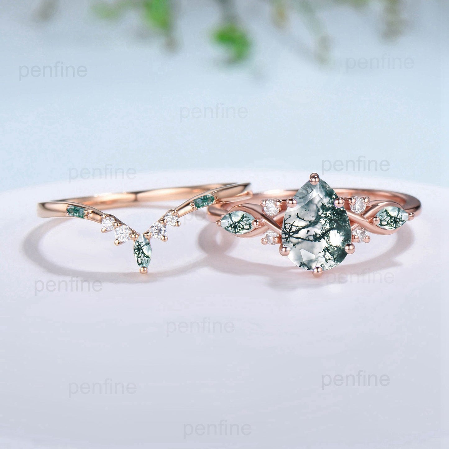 Vintage Pear Shaped Natural Green Moss Agate Engagement Ring Set Unique 14k Rose Gold Vine Marquise Agate Wedding Ring Set Ring for Women - PENFINE