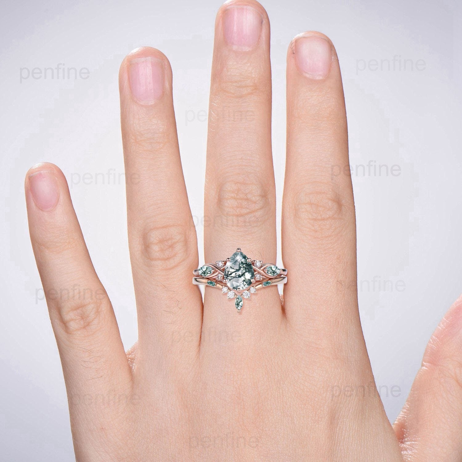 Vintage Pear Shaped Natural Green Moss Agate Engagement Ring Set Unique 14k Rose Gold Vine Marquise Agate Wedding Ring Set Ring for Women - PENFINE