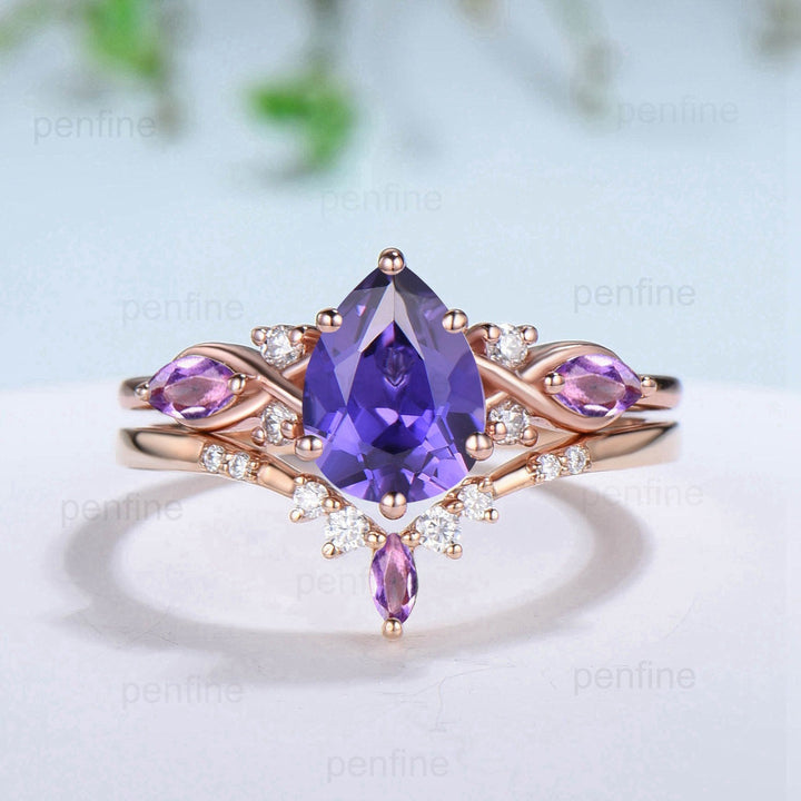 Elegant Pear Shaped Purple Sapphire Ring Set Vintage Unique Infinity Purple Crystal Engagement Ring Marquise Amethyst Wedding Proposal Gift - PENFINE