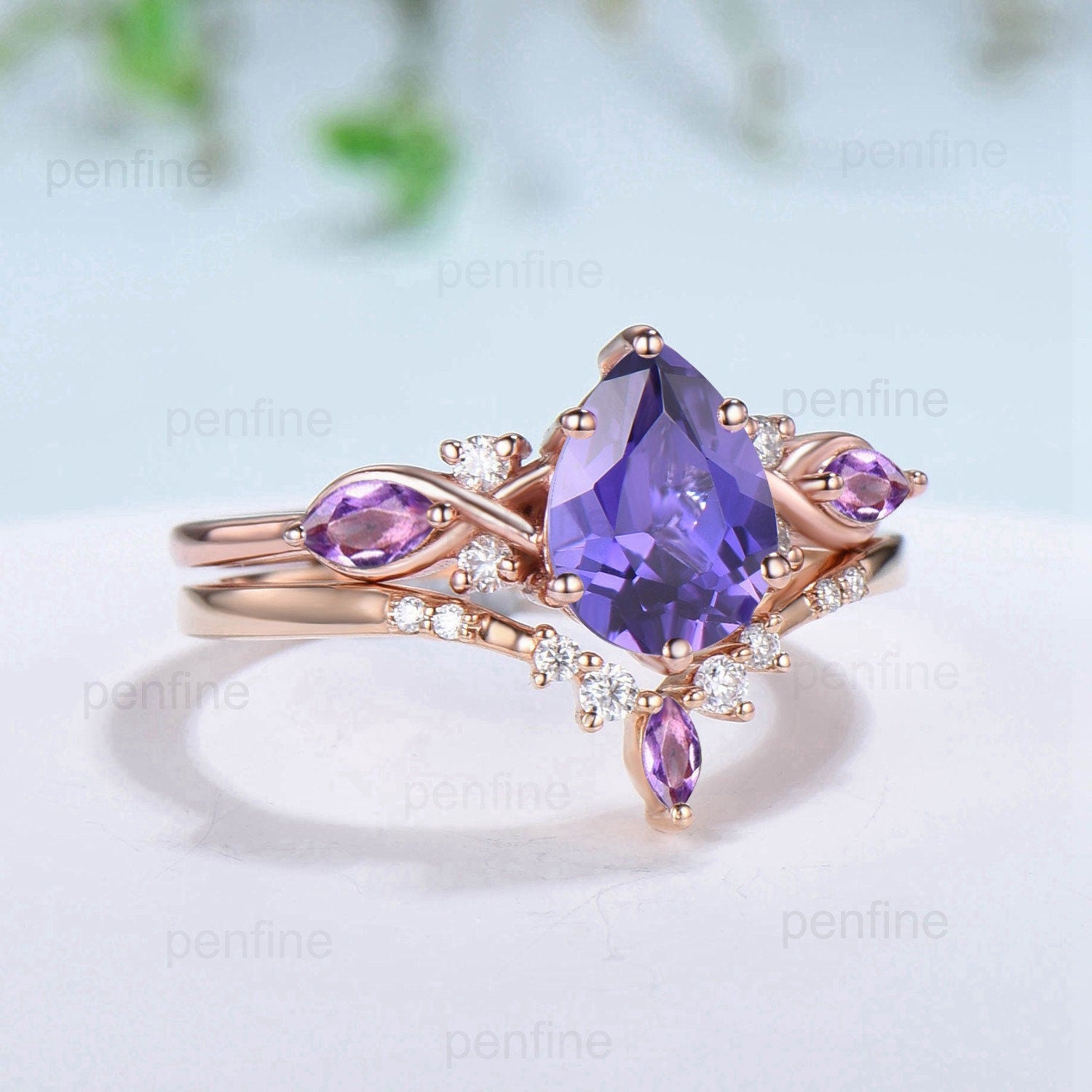 Elegant Pear Shaped Purple Sapphire Ring Set Vintage Unique Infinity Purple Crystal Engagement Ring Marquise Amethyst Wedding Proposal Gift - PENFINE