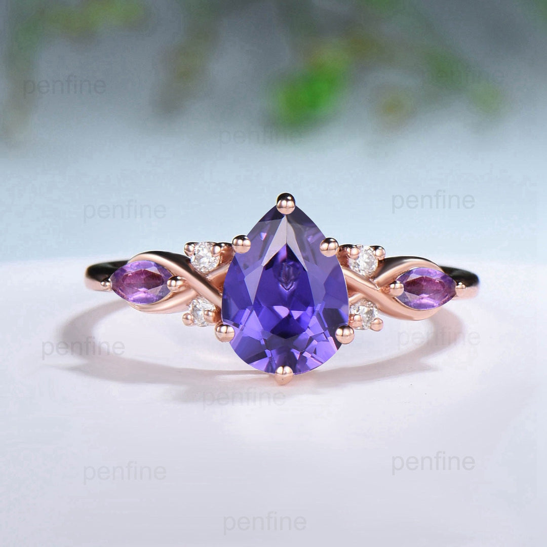 Elegant Pear Shaped Purple Sapphire Ring Set Vintage Unique Infinity Purple Crystal Engagement Ring Marquise Amethyst Wedding Proposal Gift - PENFINE