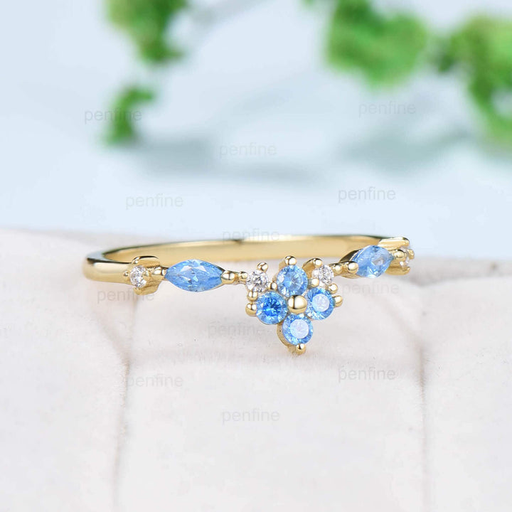 Art Deco Swiss Blue Topaz Wedding Band 14K Yellow Gold Half Eternity VintageTopaz Stacking Band Anniversary Ring Matching Band Promise Ring - PENFINE