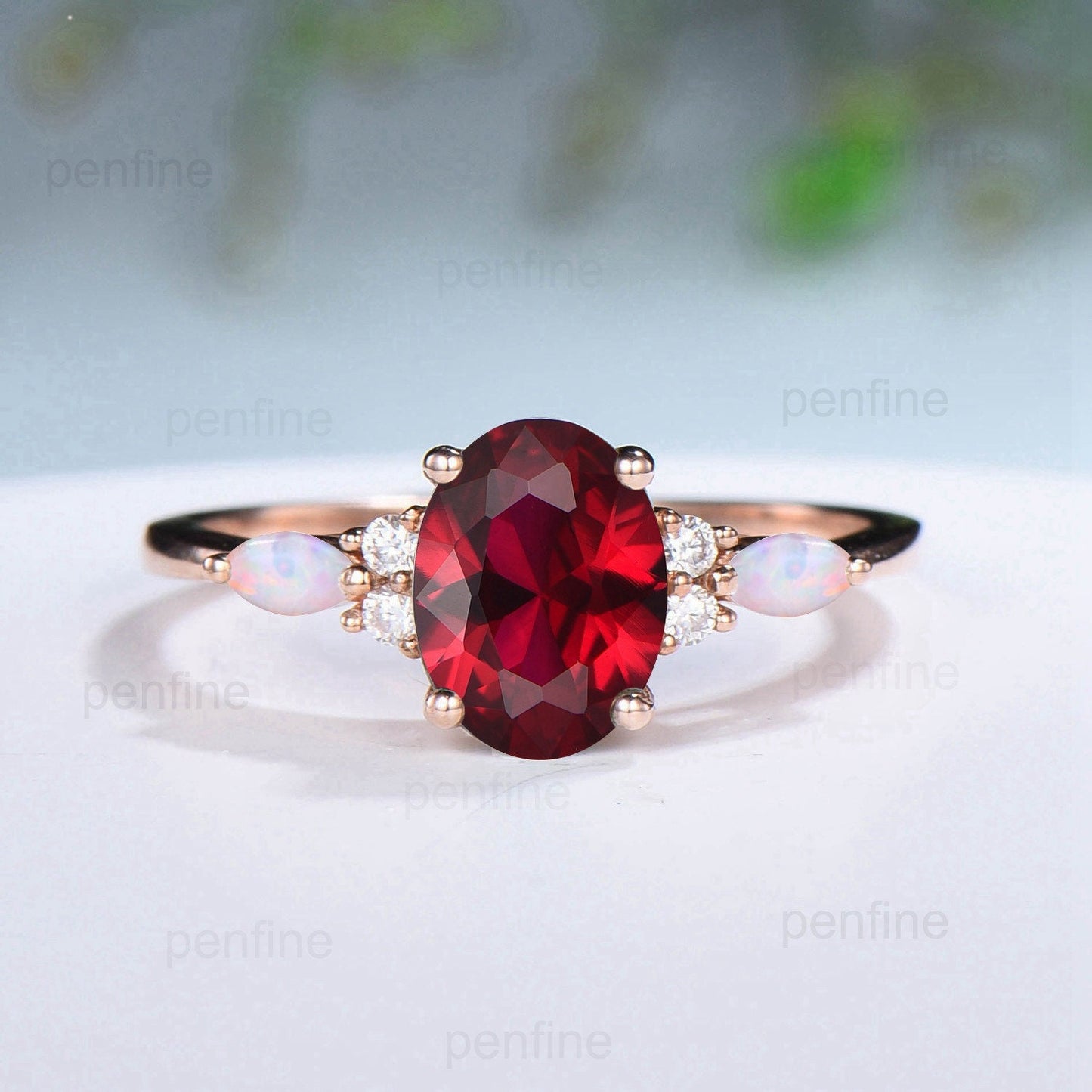 Retro Oval Ruby Engagement Ring Set Vintage Marquise White Opal Wedding Ring Double Curved Lab Ruby Moissanite Stacking Bridal Set for Women - PENFINE