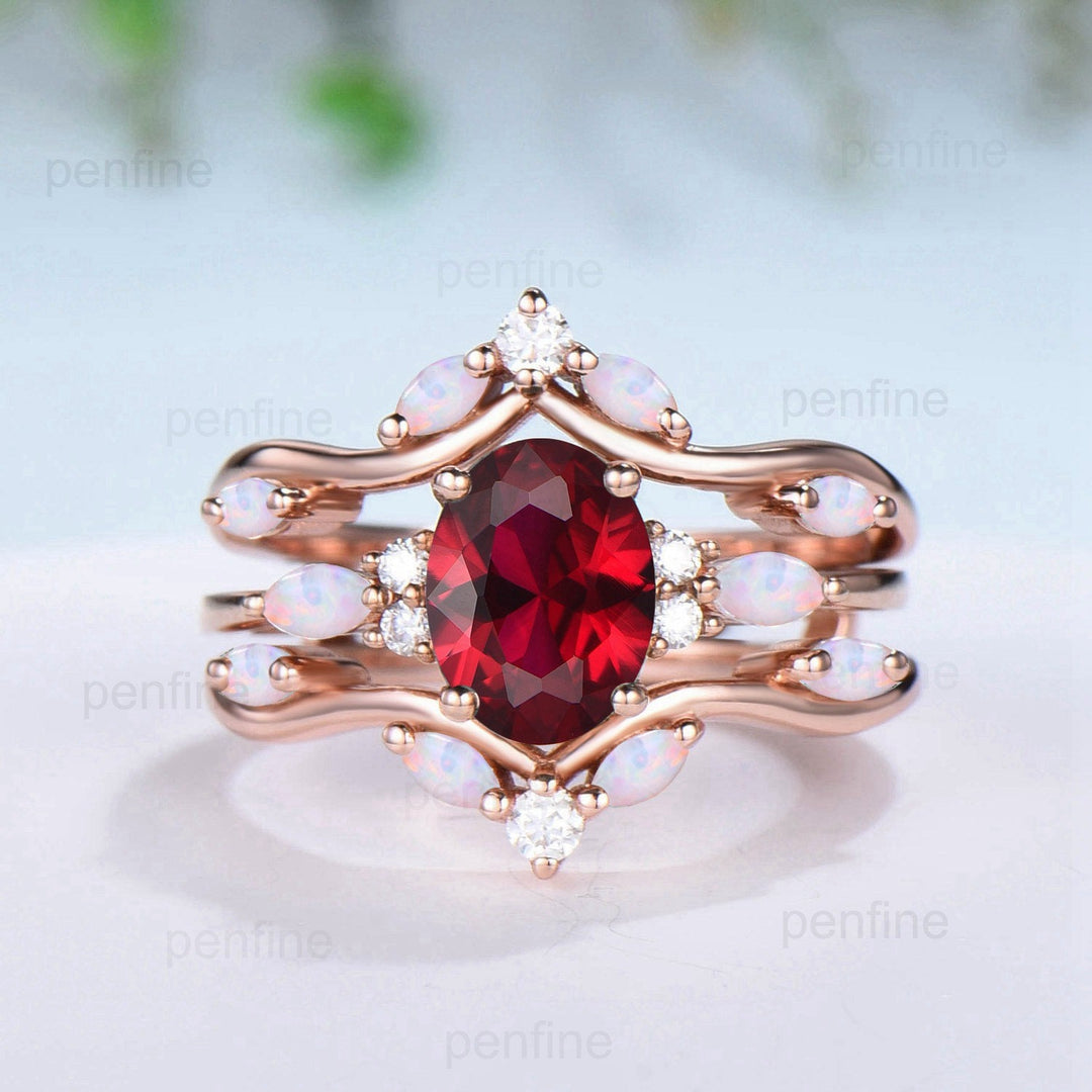 Retro Oval Ruby Engagement Ring Set Vintage Marquise White Opal Wedding Ring Double Curved Lab Ruby Moissanite Stacking Bridal Set for Women - PENFINE