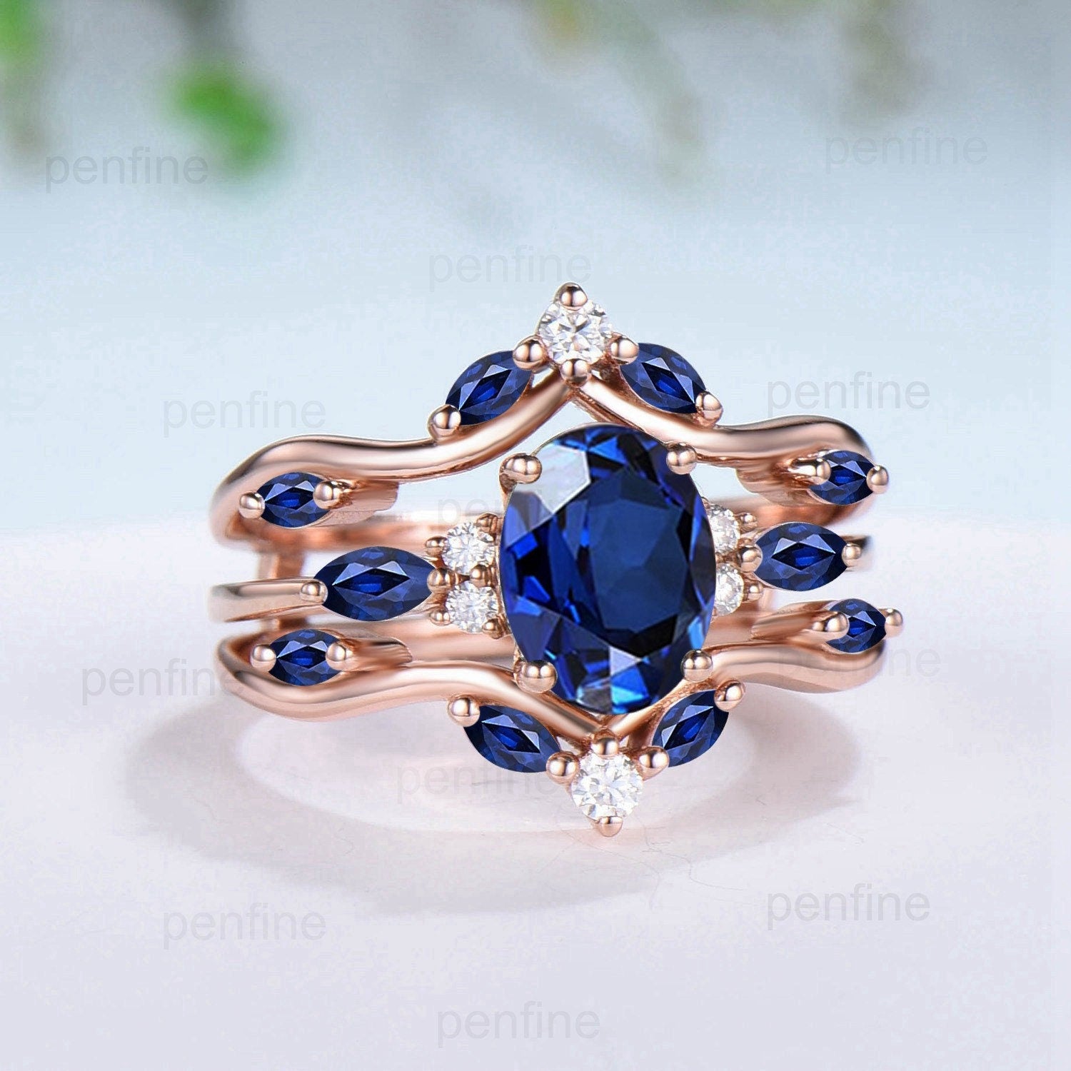 14k Gold Blue Sapphire Bridal Ring Set, Sterling Silver Blue Sapphire Engagement Ring Set, Lab Sapphire Wedding 2024 Ring Set, Unique Curved Band