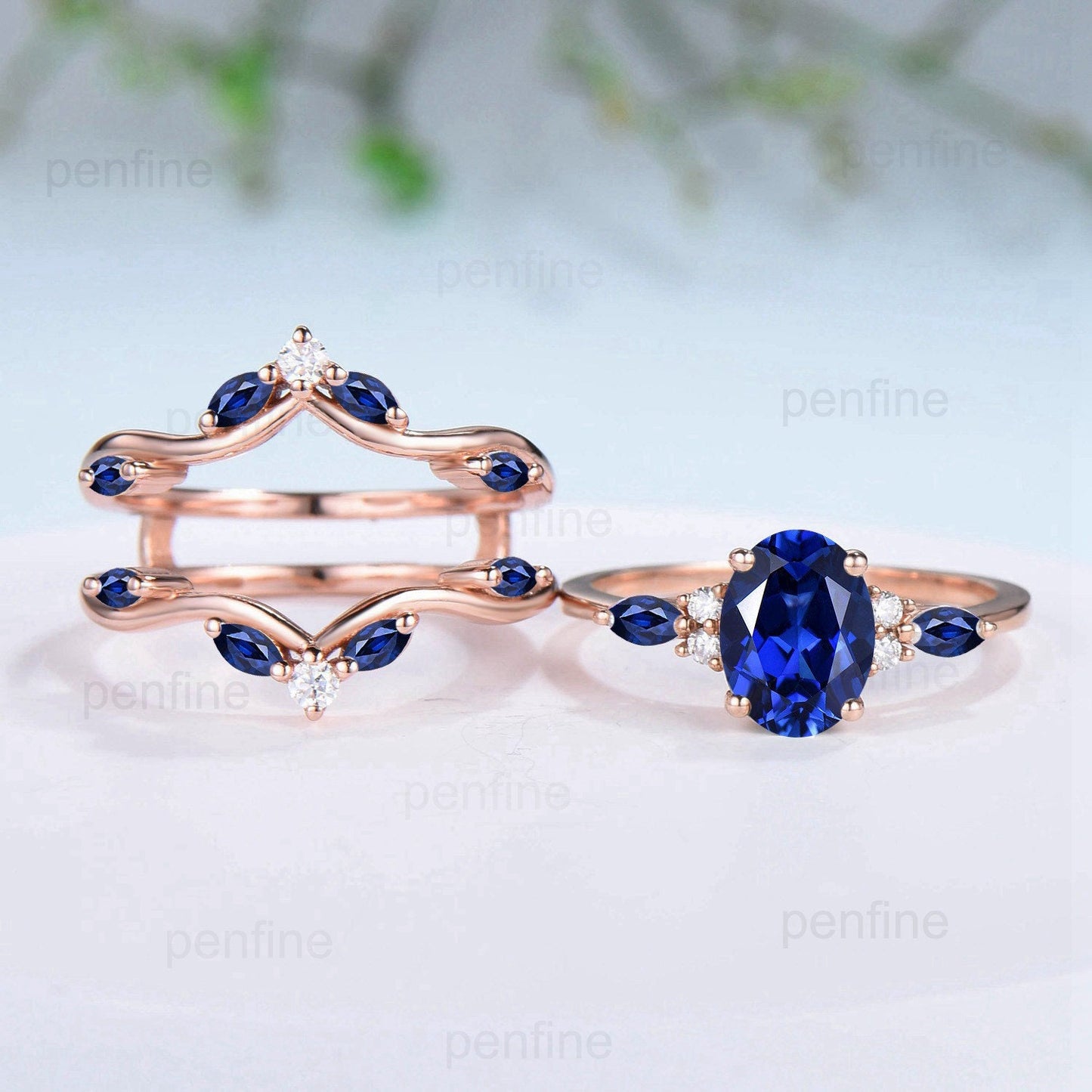 Unique Oval Sapphire Engagement Ring Set Vintage Marquise Lab Sapphire Wedding Ring Double Curved Enhancer Moissanite Stacking Bridal Set - PENFINE
