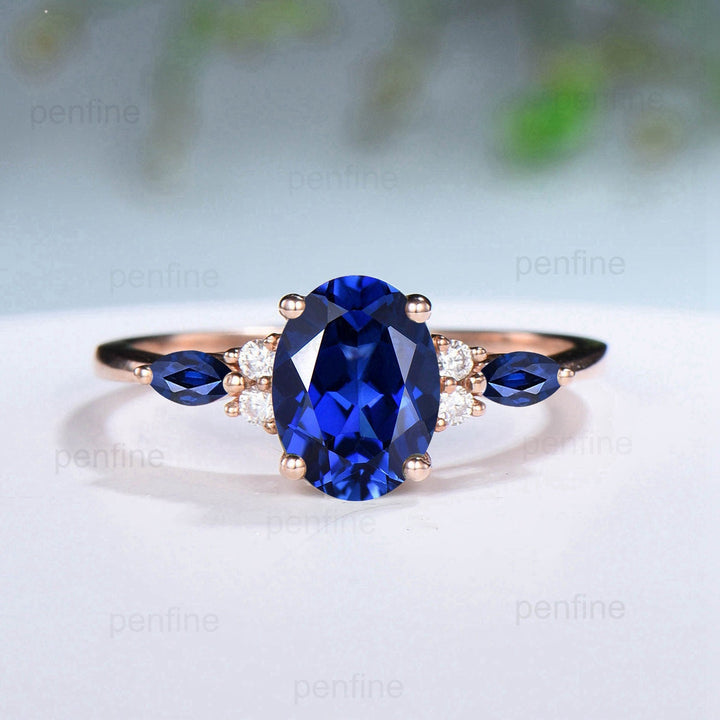 Unique Oval Sapphire Engagement Ring Set Vintage Marquise Lab Sapphire Wedding Ring Double Curved Enhancer Moissanite Stacking Bridal Set - PENFINE