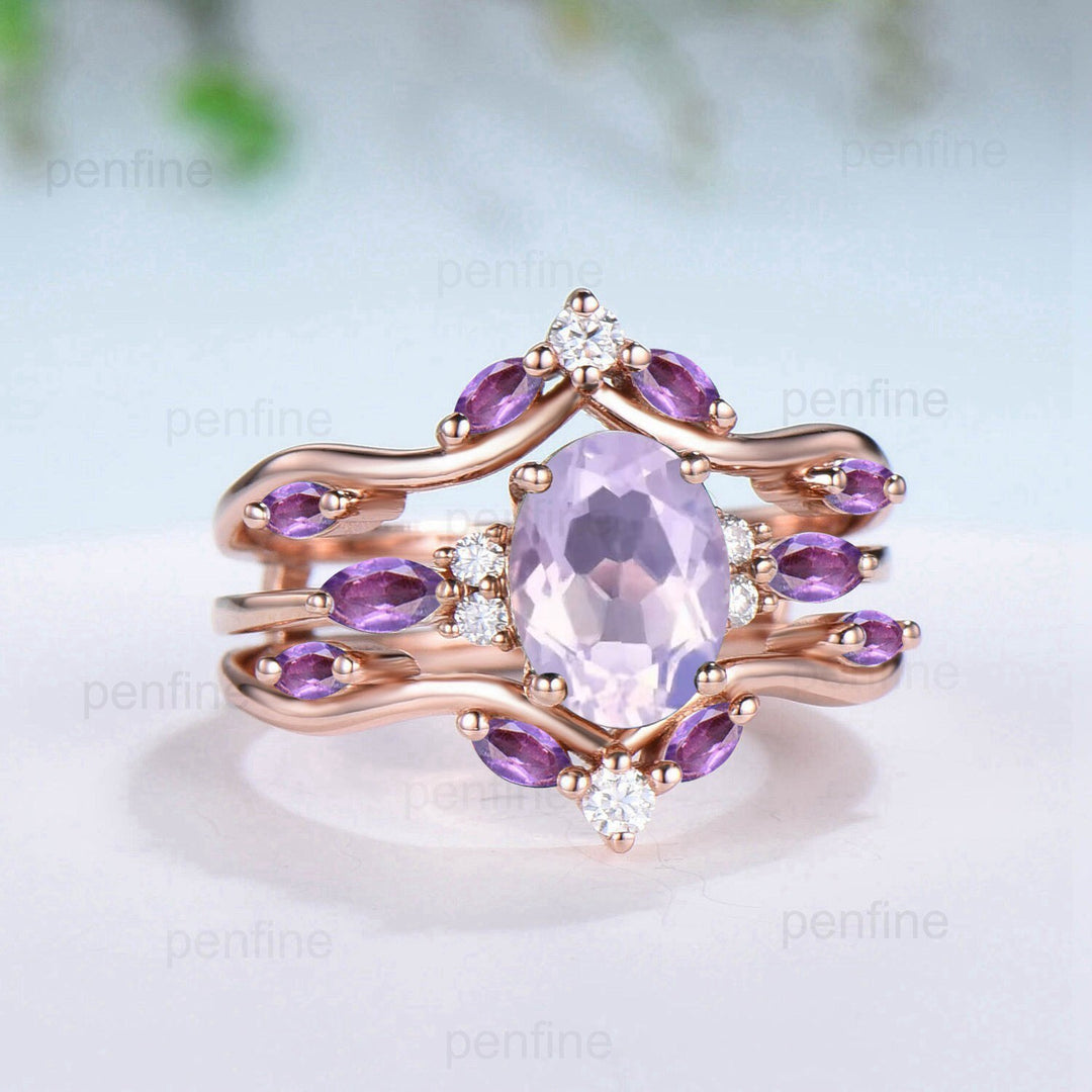 Unique Oval Lavender Amethyst Engagement Ring Set Vintage Marquise Purple Amethyst Wedding Ring Double Curved Enhancer Band Anniversary Gift - PENFINE