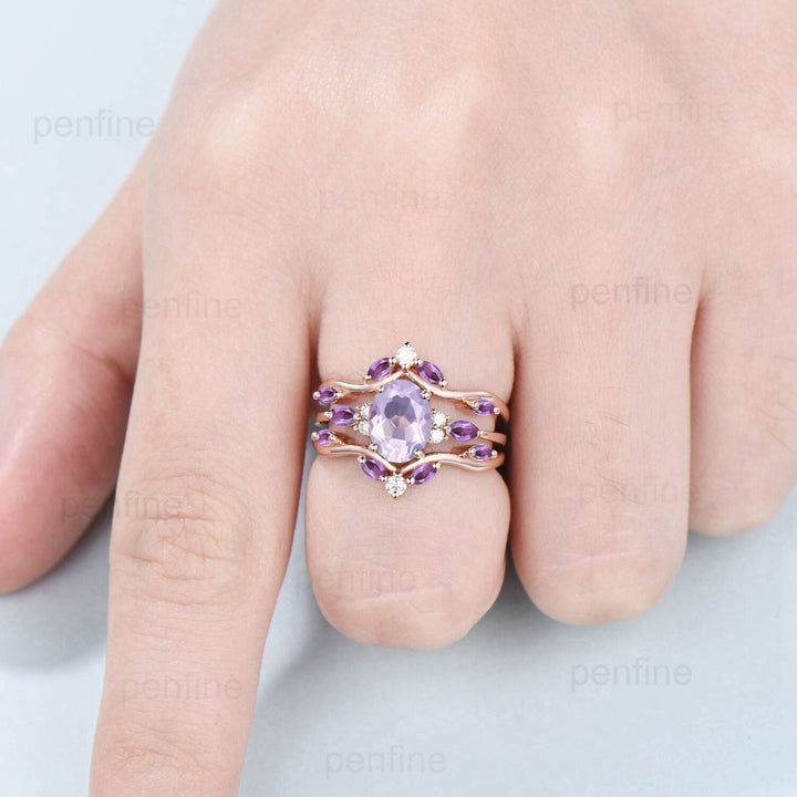 Unique Oval Lavender Amethyst Engagement Ring Set Vintage Marquise Purple Amethyst Wedding Ring Double Curved Enhancer Band Anniversary Gift - PENFINE