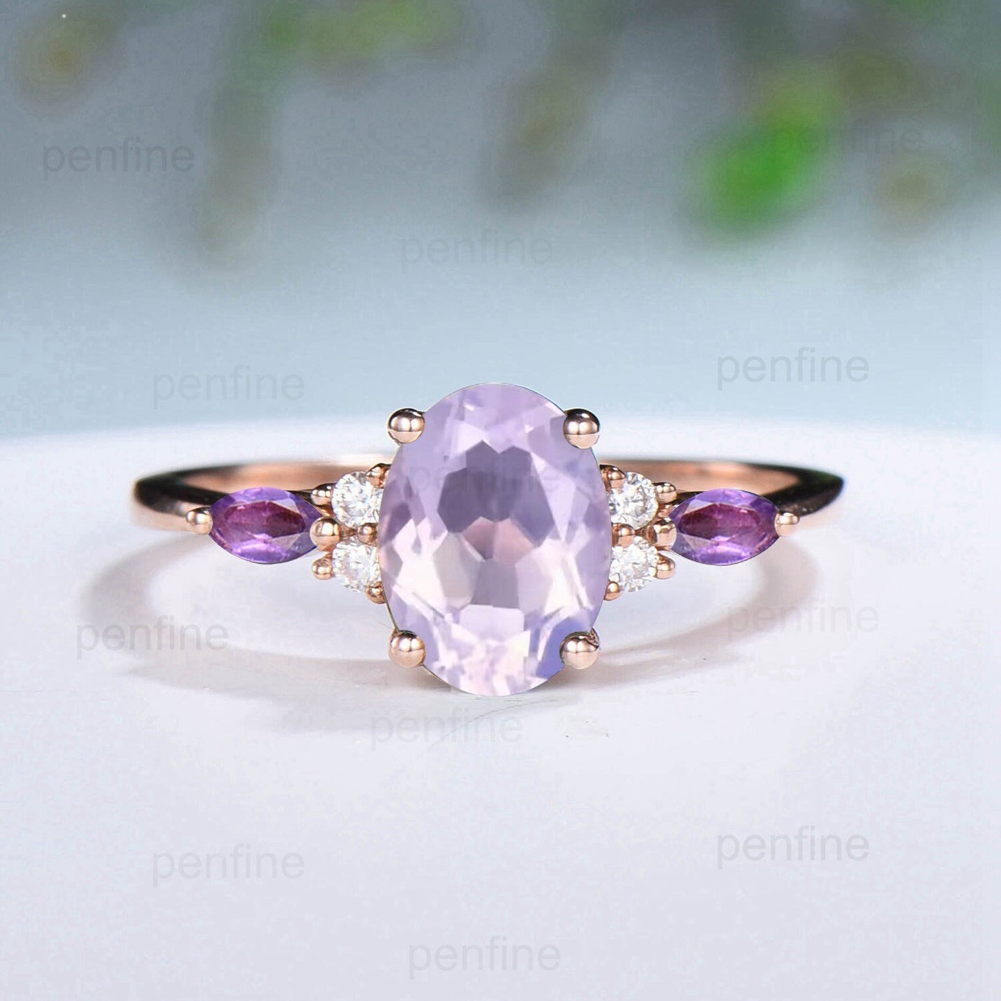 Unique Oval Lavender Amethyst Engagement Ring Set Vintage Marquise Purple Amethyst Wedding Ring Double Curved Enhancer Band Anniversary Gift - PENFINE